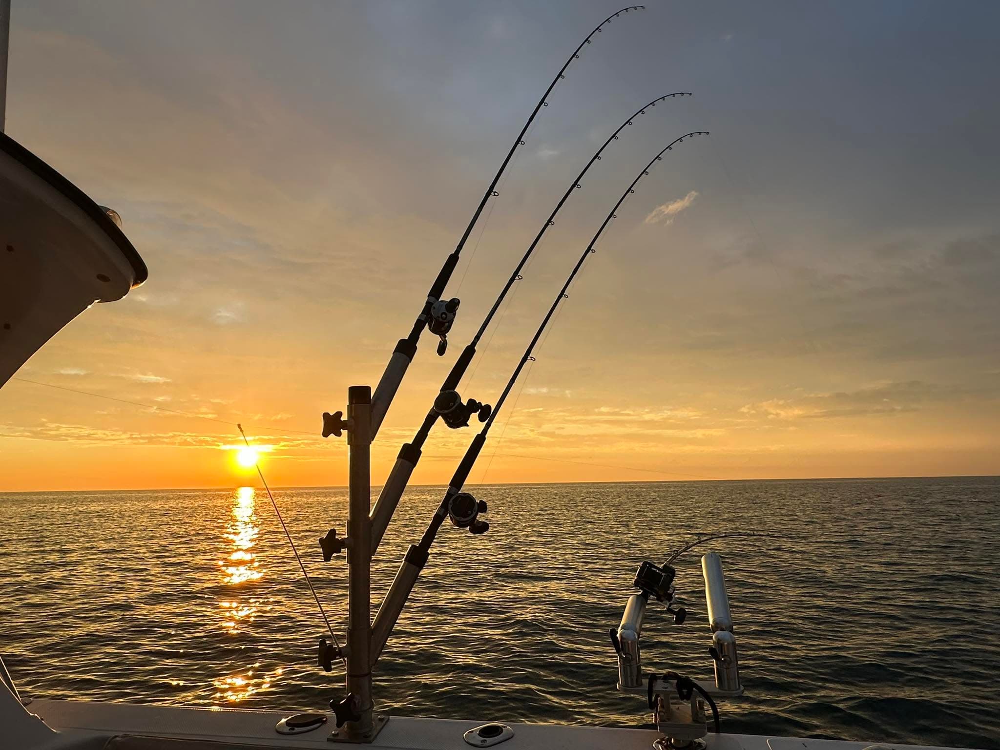 Downrigger rods off the stern of the owner's boat at sunset
