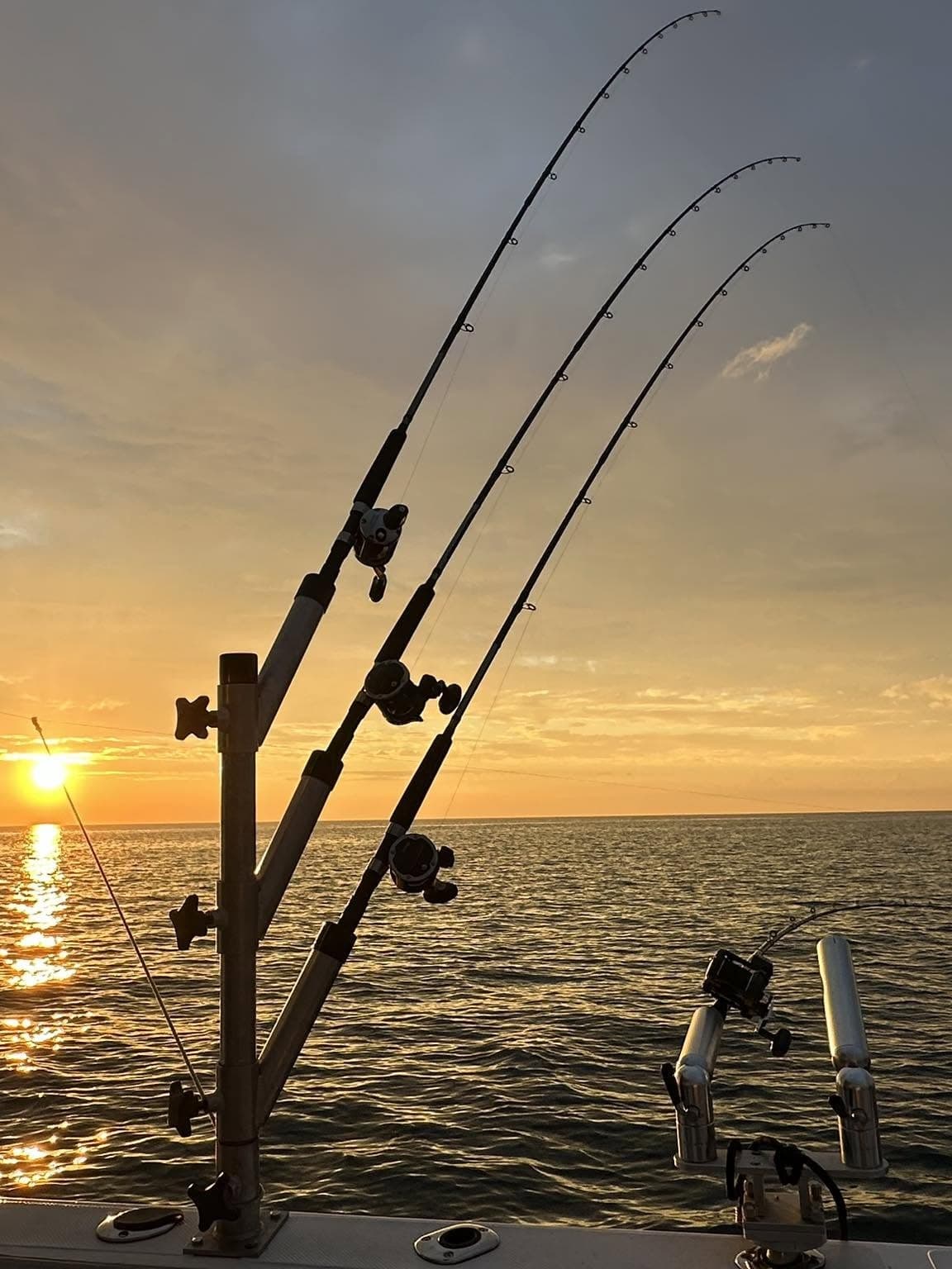 Downrigger rods off the stern of our boat at sunset